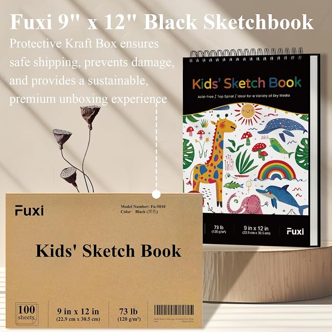 Fuxi Sketch Book for Kids, 9" x 12" Kids Sketch Pad, 100 Sheets_73Lb/120Gsm | Top Spiral Sketchbook for Kids, Acid-Free Thick White Drawing Paper for Kids, Craft Activities, Art Supplies for Kids 9-12