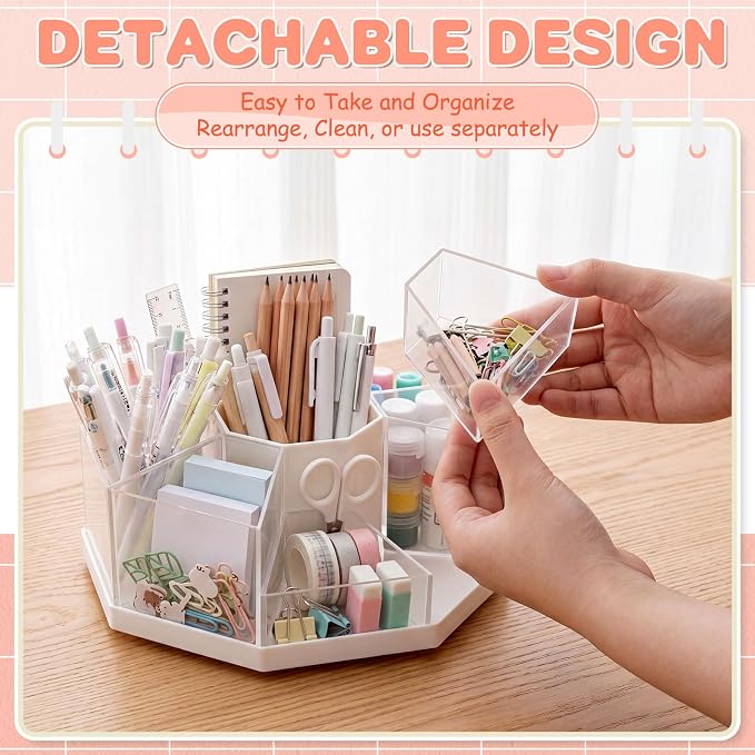 Pajean Rotating Desk Organizer Caddy with 9 Compartments Detachable Rotating Pencil Pen Holders for Desk, 9 Slots 360 Degree Desktop Stationery Art Supplies Makeup Storage Organizer Gift(Transparent)