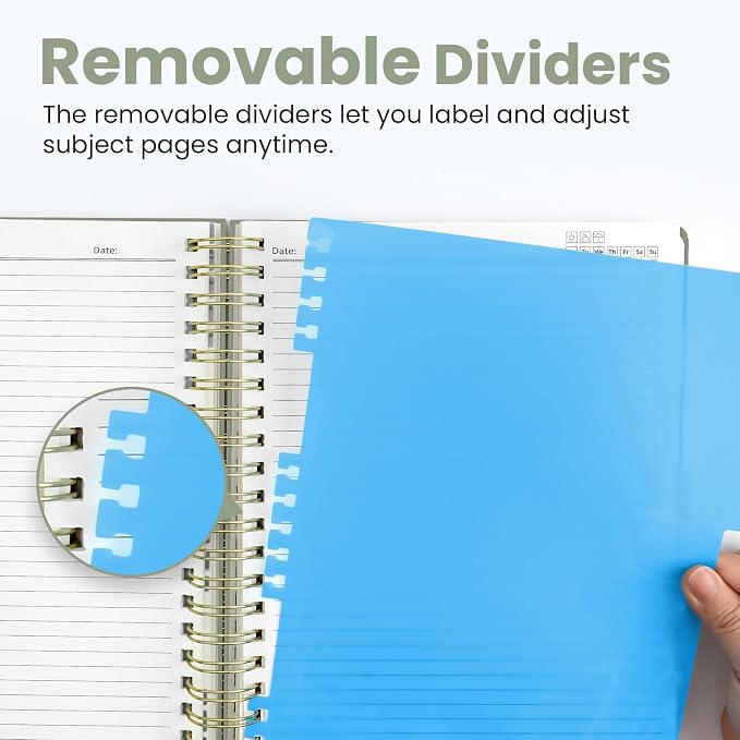 Hardcover Spiral Journal Notebooks for Work With Removable Dividers & Tabs, 8.5"x11" 5 Subject Notebook for Note Taking & Organizer, A4 College Ruled Lined Journal for Women & Writing, Green, 280 Pages