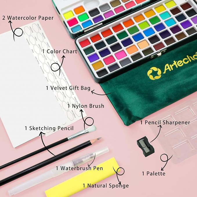 Artecho Watercolor Paint Set 72 Colors, Travel Watercolor Set with Watercolor Papers and Brushes, Ideal for Amateur Hobbyists, Painting Lovers and Artists