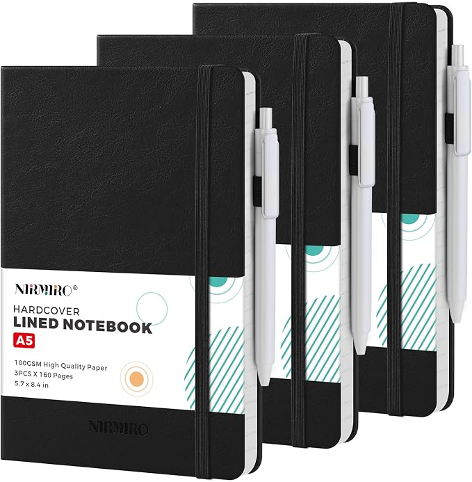 (3 Pack) Lined Journal Notebook with Pen, A5 (5.7"x8.4") Leather Hardcover Journaling Notebooks for Women Men Work, 160 Pages per Note Book, 100GSM Paper, School Office Supplies, Black