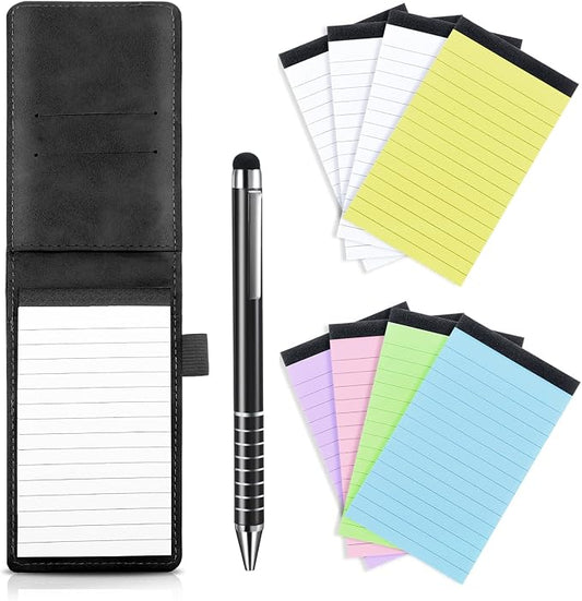Outus 10 Pcs Mini Pocket Notepad Holder Set Included Mini Pocket Notepad Holder with 50 Lined Sheets, Metal Pen, 8 Pcs 3 x 5 Inch Memo Book Refills, 30 Lined Paper Per Note Pad (Black,Multicolor)