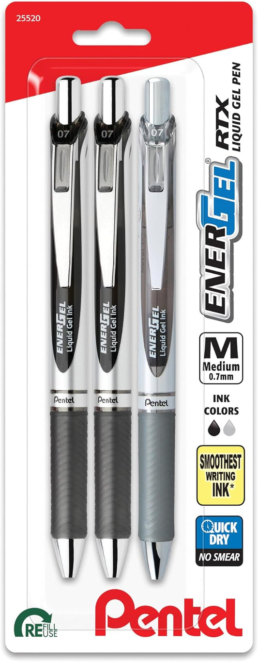 Pentel EnerGel RTX Retractable Liquid Gel Pen, 0.7mm, Scholar Hue, 2 Black and 1 Gray Ink, Pack of 3 Pens (BL77LEFBP3M)