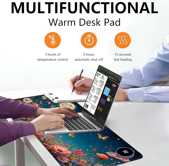 Large Heated Mouse Pad–31.5" x 13" Desk Mat for Office | 3 Adjustable Heat Levels,Auto Shut-Off After 3 Hours for Safety,Keeps Hands Warm While Working，Starry Sky Flower Field