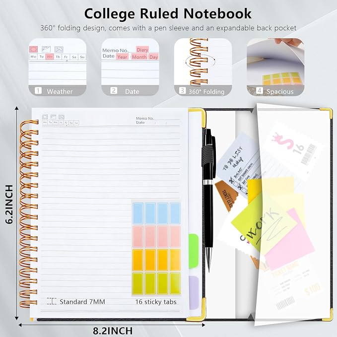 Hardcover Spiral Notebook College Ruled, 6.2"x 8.2" Leather Journal Notebook with Magnetic Closure, 300 Pages 5 Subject Notebook with Dividers Tabs Journal for Women Men, Work, School(Black)