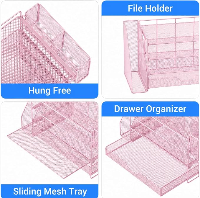 OPNICE Desk Organizer, 4-Tier Desktop File Organizer with Drawer and Pen Holders, Office Desk Accessories, File Sorters, Workspace Organizers for Office Supplies(Pink)