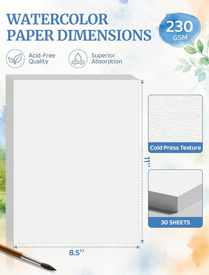 30 Sheets Watercolor Paper 8.5 x 11, Cold Press Watercolor Paper Bulk, 110 LB/230 GSM Water Color Paper Pad 8.5 x 11, Watercolor Supplies for Kids Adults, Paint Paper for Sketching, Acrylic, Gouache