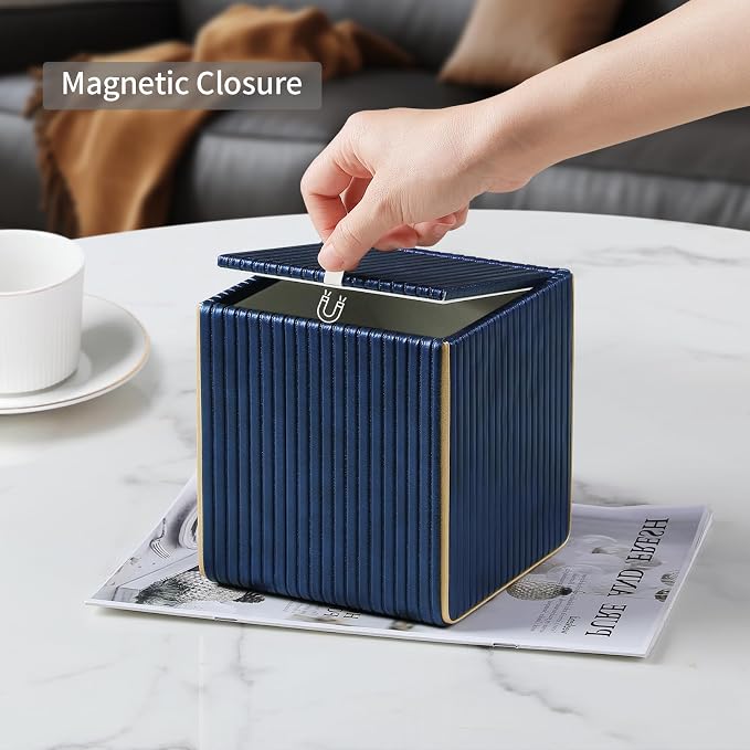 Square PU Leather Tissue Box Cover with Magnetic Closure, Decorative Tissue Holder & Storage Container for Bedroom, Living Room, Dining Room, Bathroom, Countertop, Desk (Square Blue)