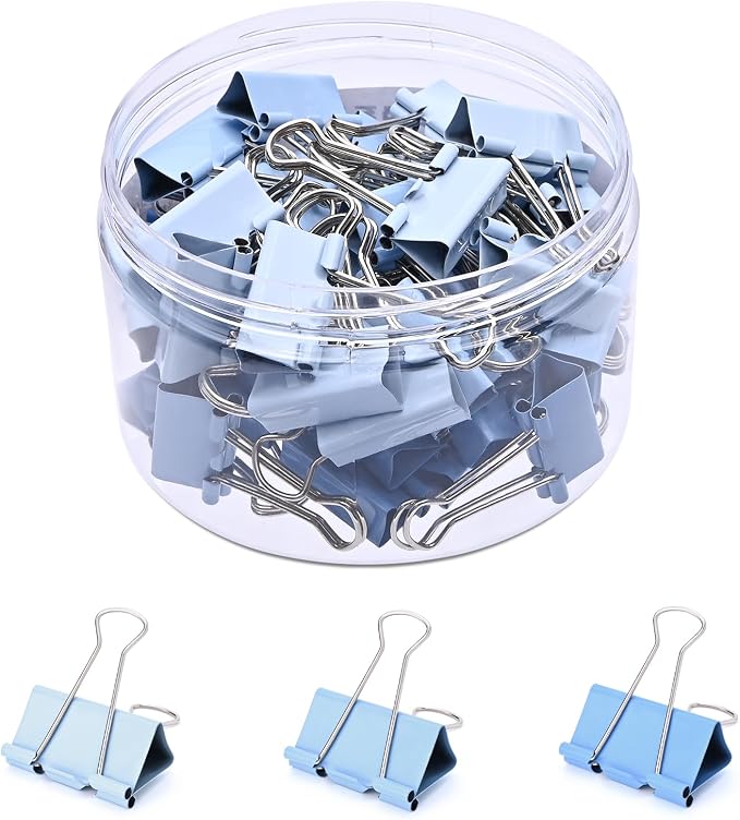 Temiary Aesthetic Binder Clips, Medium Metal Binder Clip with Clear Storage Container, Binding Paperwork Clamps for School Teachers Office Supplies (Blue 0.98 Inch, 48P)