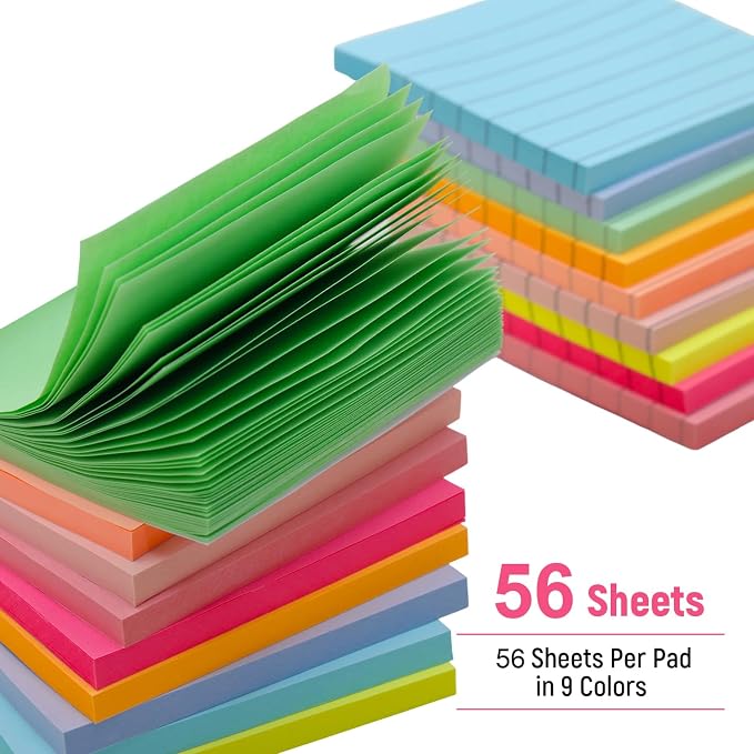 18 Pack Lined and Blank Pads 3x3 Sticky Notes Bulk Pack 9 Colors 56 Sheets | Back to School Supplies for Students;Clean To-Do Lists;Office Supplies for Professionals