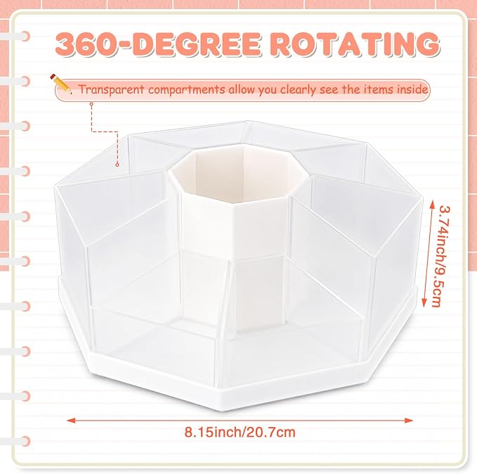 Pajean Rotating Desk Organizer Caddy with 9 Compartments Detachable Rotating Pencil Pen Holders for Desk, 9 Slots 360 Degree Desktop Stationery Art Supplies Makeup Storage Organizer Gift(Transparent)
