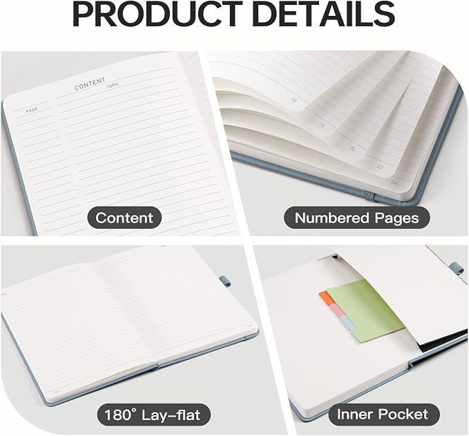 EMSHOI Lined Journal Notebook, 192 Numbered Pages, A5 Size (5.7'' x 8.3'') | Leather Hardcover, 100 GSM Thick Paper, for Women & Men, Journaling, Writing, Work & Office, Sun Debossed (Gray Blue)