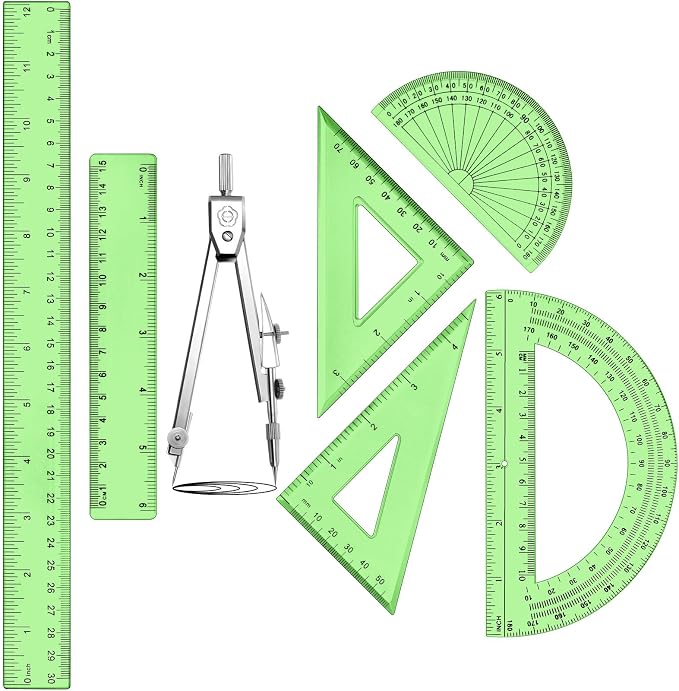 Zonon 7‑Piece Geometry Set with Drawing Compass, 6 & 4 Inch Protractors, Triangle Rulers and Straight Rulers, Transparent Math Drafting Supplies for Back to School, Students and Office Use(Green)