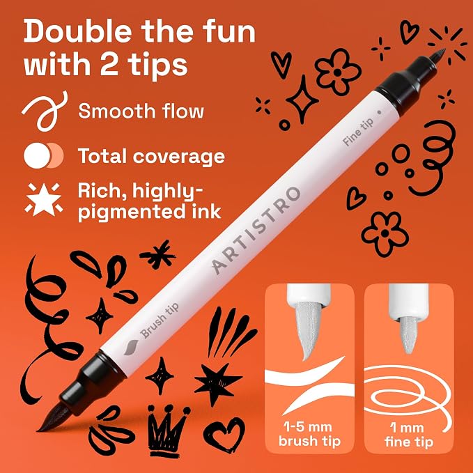 ARTISTRO Acrylic Paint Pens – Dual Tip Markers – Brush & Fine Tip Paint Pens for Calligraphy, Crafts, Greeting Cards, Ornament Decor, DIY Art (Black&White)