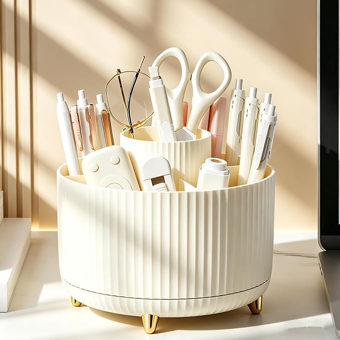 360 Degree Rotating Makeup Brush Holder Organizer Detachable Design 5 Slot Make up Brushes Cup for Cosmetics and Pencil Pen Organizer for Desk Makeup Organizer Skincare Storage for Vanity（Cream）