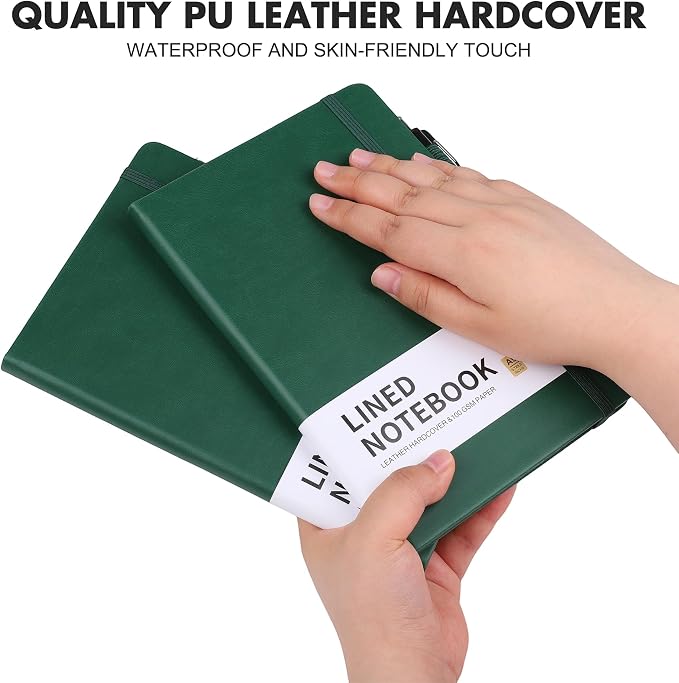 Aodaer 30 Set Lined Notebook Journals with Pens A5 Notebooks 100 GSM College Ruled Hardcover Notebook PU Leather Notepad with Pen Holder for Office School, 5.7 x 8.3 Inches, Dark Green