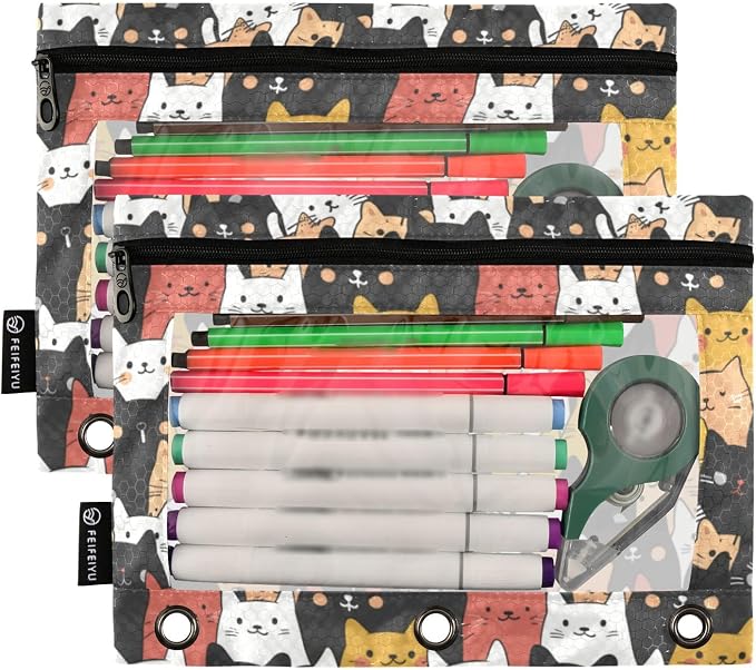 Binder Pencil Pouches, Fat Cute Cats Pattern Pencil Case with Clear Window 3 Rings Pen Case Holder Office Supplies