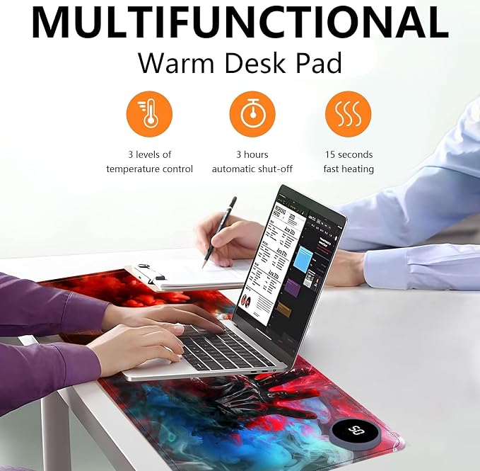 Heated Mouse Pad with 3 Levels Heated & 3 Hours Auto Shut-Off Mouse Pad for Warming Hands in Office Home, 23.6" x 14.2"Large Safe Desk Mat Hand Warmer，Skeleton in The Smoke