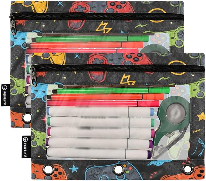 Gredecor Binder Pencil Pouch 3 Ring Video Game Lightning Zipper Pencil Pouches Case 2 Pack Clear Binder Organizer for School Office