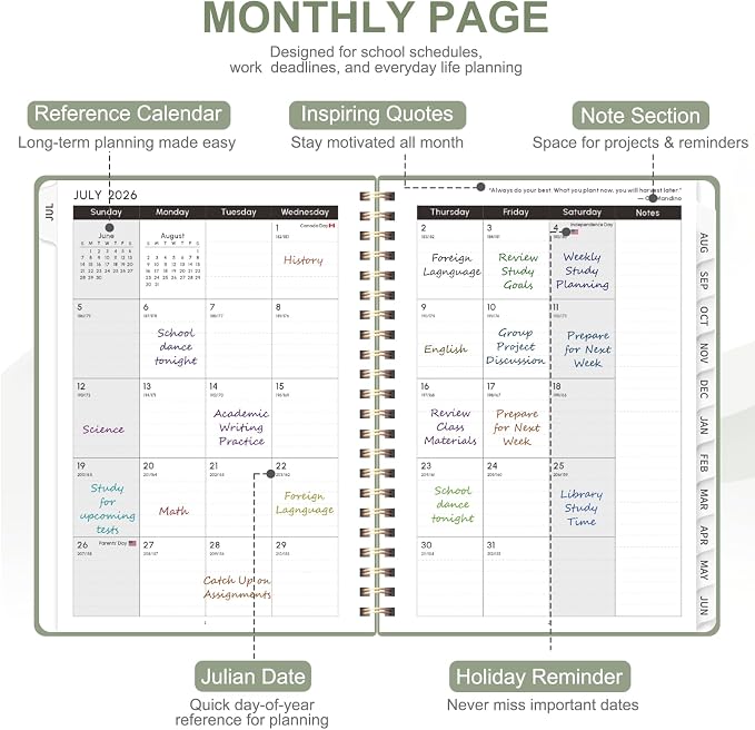 Planner 2026-2027, Weekly and Monthly Academic Year Calendar Planner, July 2026 - June 2027, Daily Agenda Book for Office School Supplies, A5(6.3'' x 8.5'')