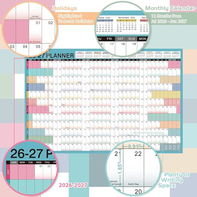 2026-2027 Yearly Wall Calendar - Calendar 2026-2027, Yearly Wall Calendar, July 2026 - June 2027, 23.1" x 34.6" (Open), Wall Calendar 12 Month, Julian Dates, Thick Paper, Round Stickers