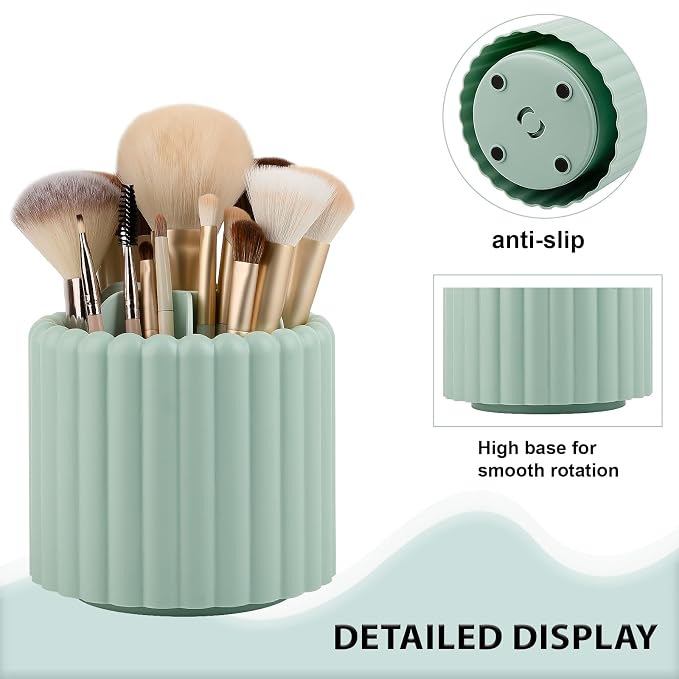 Rotating Makeup Brush Holder Organizer with Removable Dividers, Green | 7 Slots Make Up Brush Organizer 360 Spinning Cosmetic Storage Pen Holder for Desk, Vanity, Dresser