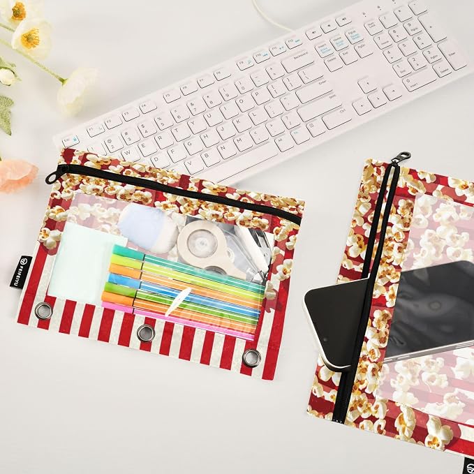 Popcorn Stripes Pencil Pouch Fits standard 3-ring binders, Zipper Binder Pencil Bag with Clear Window for Office 2 Pack