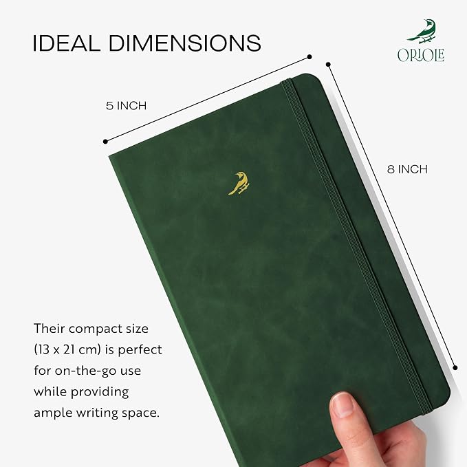 Oriole Vegan Leather Ruled Notebook - Racing Green | 176 Pages of Thick Lined Paper | Soft Touch Hardcover Journal (5 x 8 in) with Gold Foil Bird Design & Luxury Gift Box