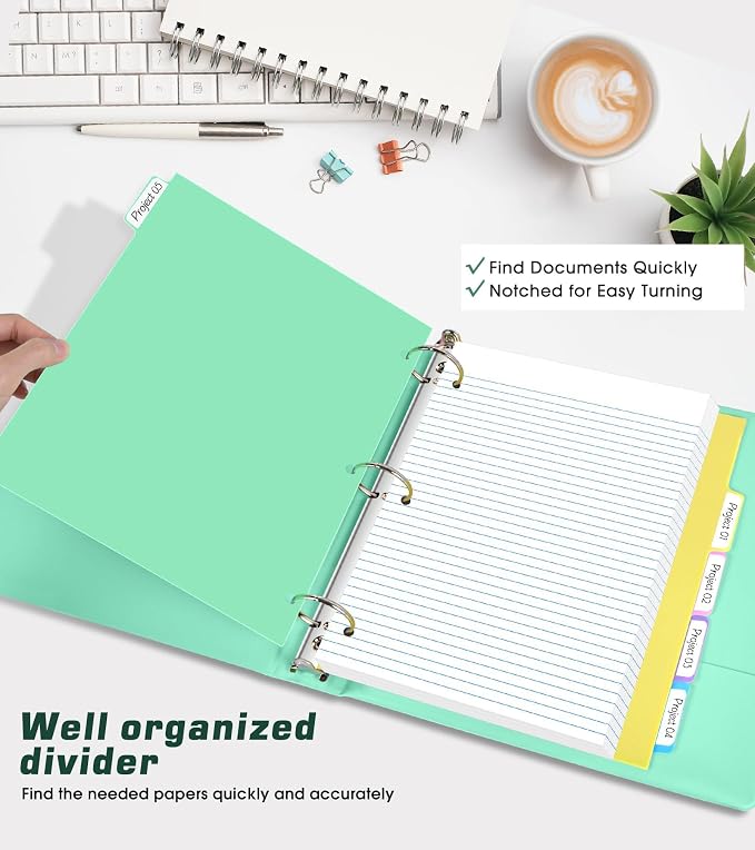 3 Ring Binder 1.5 inch，Cute Binder Organizer with 5 Tab Dividers Fits 175 Sheets of 8.5x11 Paper, Customizable Clear Cover with Inside Pockets,Aesthetic 1.5" Three Ring Binders for School Office,Green