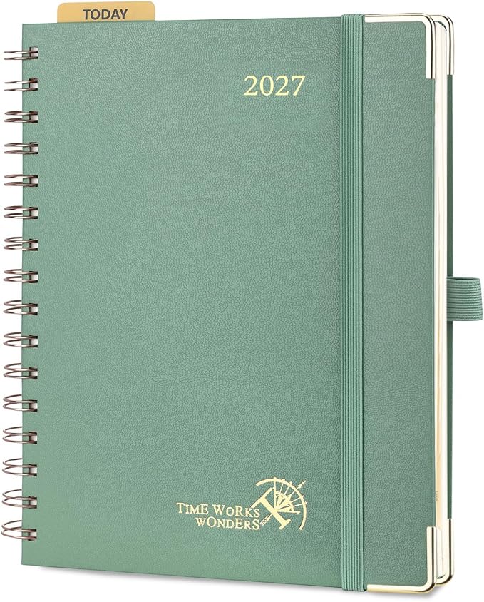 POPRUN 2027 Planner Daily Weekly and Monthly Calendar with Hourly Schedule(Medium Size 8.5'' x 6.25'' Wire-Bound Hard Cover) - Agenda 2027 (Jan.2027-Dec.2027), Monthly Tabs - Midnight Green