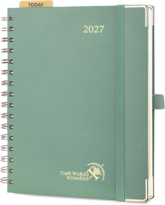 POPRUN 2027 Planner Daily Weekly and Monthly Calendar with Hourly Schedule(Medium Size 8.5'' x 6.25'' Wire-Bound Hard Cover) - Agenda 2027 (Jan.2027-Dec.2027), Monthly Tabs - Midnight Green