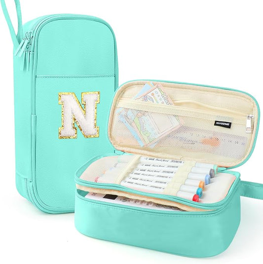 Cute Large Pencil Case Pouch,Personalized Initial Pencil Bag for Girls Boy | Multiple Pockets With Smooth Dual-Zipper, Big Capacity Aesthetic Pen Case Bag For Kids College Art School Gift