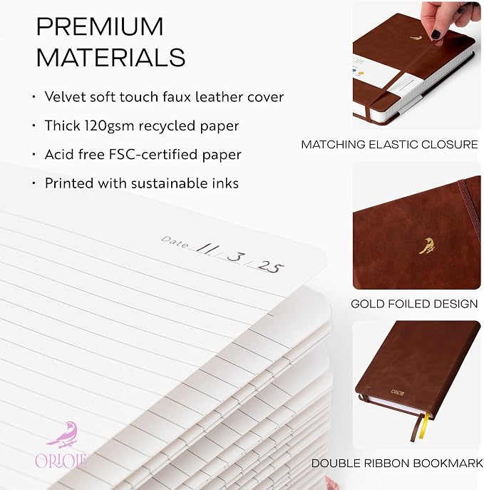 Oriole Vegan Leather Ruled Notebook - Chestnut Brown | 176 Pages of Thick Lined Paper | Soft Touch Hardcover Journal (5 x 8 in) with Gold Foil Bird Design & Luxury Gift Box