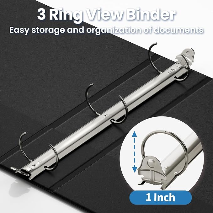 SUNEE 1 Inch Binders 3 Ring 4 Pack, PVC-Free Clear View 1" Binders (Fits 8.5x11 Inches) for School, Office & Home Use, Black