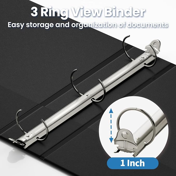 SUNEE Black Binders 1 Inch 24 Pack Bulk, Clear View 3 Ring Binders PVC-Free (Fit 8.5x11 Inches) for School or Office Supplies