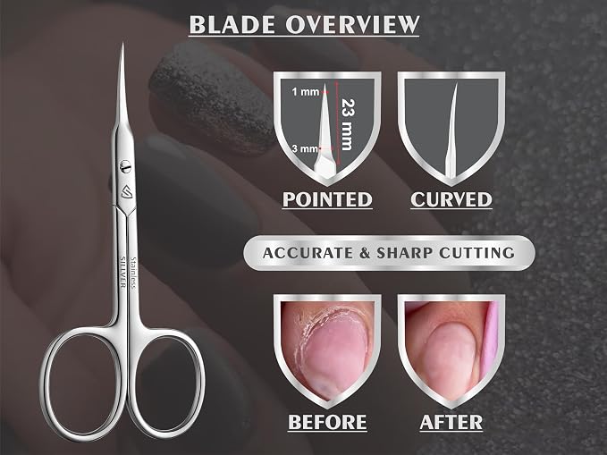 SILLVER Cuticle Scissors Extra Fine Curved, Super Slim Small Scissors with Precise Pointed Tip, Beard, Eyelash, Mustache, Dry Skin - Manicure Scissors
