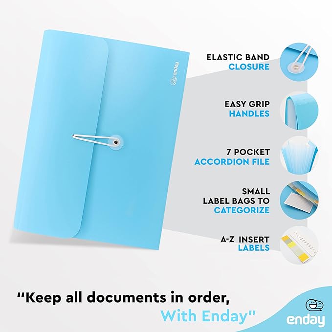 Accordion File Organizer, 7 Pocket Expanding File and Cover Folder with Labels, Plastic Portable Desktop Letter A4 Paper, in Red, Green, Pink, Blue, Purple, Multicolor, (6 Pc) – By Enday