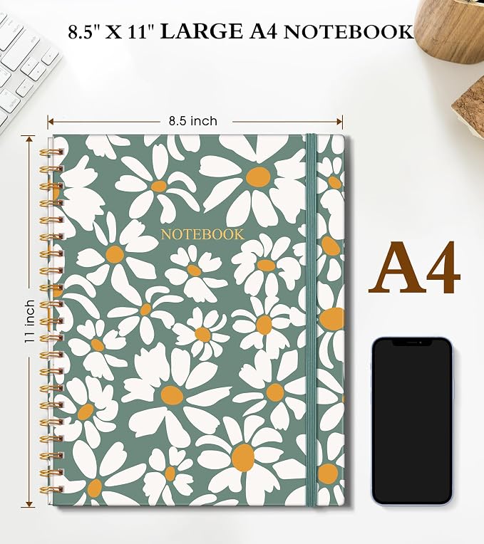 Spiral Notebook Journal 8.5” x 11”, A4 Large Notebooks for Women Men, College Ruled Lined Journal, 100 GSM Paper, Hardcover Spiral Bound Journals for Work School Note Taking Business, Field of Daisies