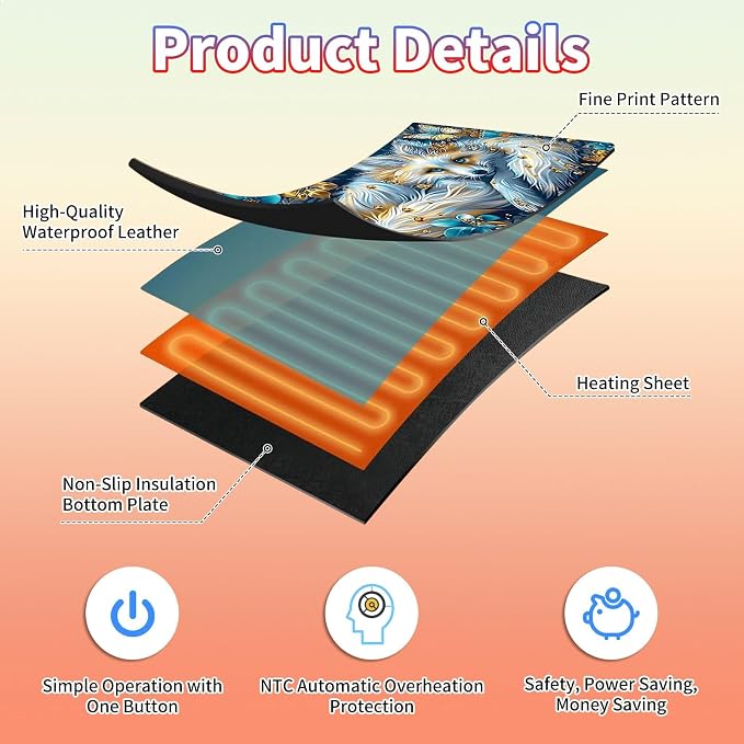 Heated Desk Pad Large Mouse Pad 23.6 x 14.1 inch with 3 Levels Heating & Auto Shut-Off Warm Mouse pad PU Leather Computer Mousepad for Home Office Work - White Fox and Butterflies