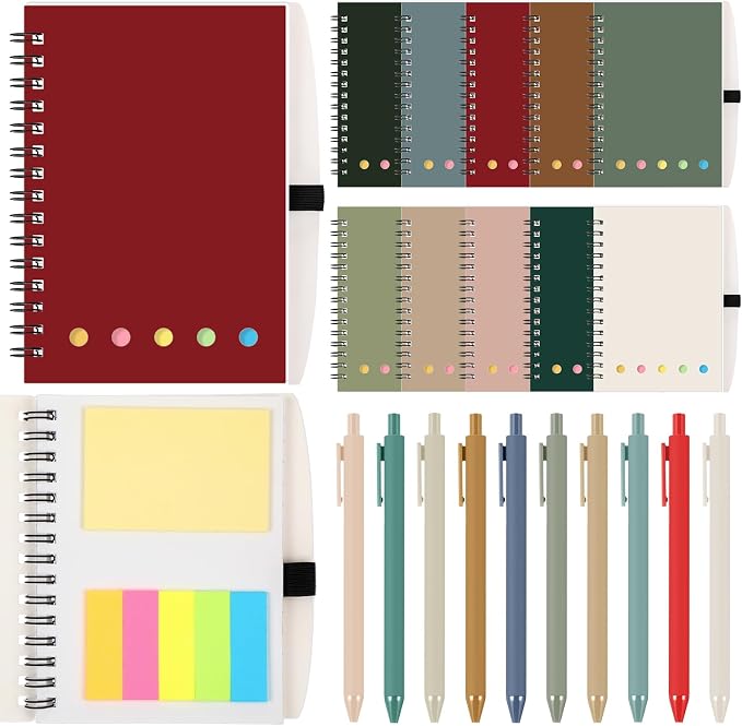 Chuangdi 20 Sets Lined Spiral Notebooks with Sticky Notes and Bamboo Pens, Back-to-school Gifts for Office Teachers Staff, Boho Notebook with Pen Bulk Gift (Morandi)