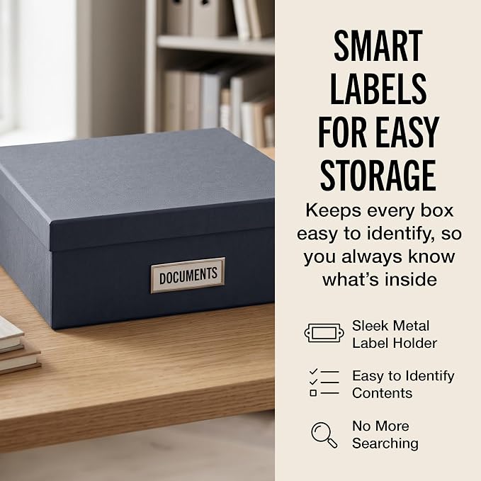 Bigso Oskar Fiberboard Label Frame Document Letter Box - File Organizer Box for Important Paperwork - Document Storage with a Lid & Metal Label Window - 3.3 in x 10.2 in x 13.8 in - Dark Grey