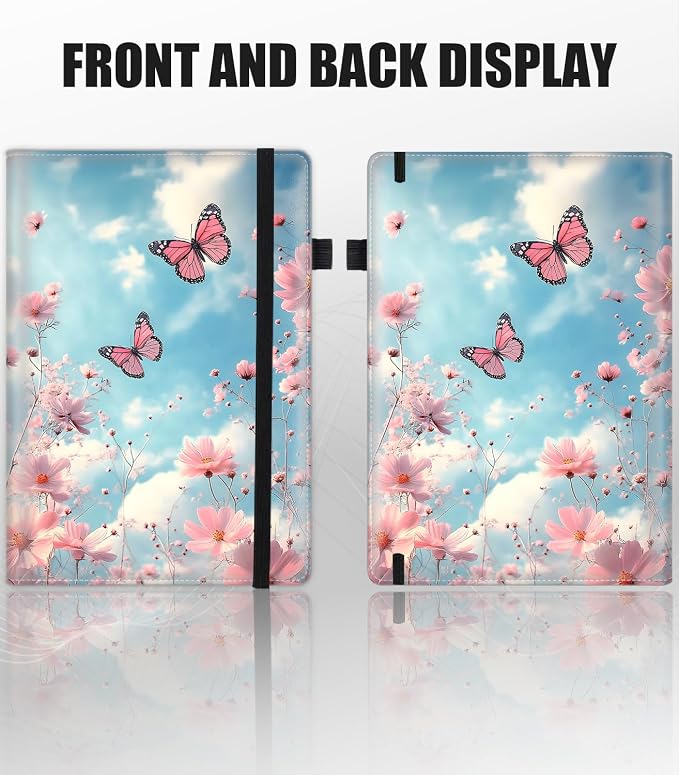 Hardcover Executive Notebooks, A5 PU Leather Lined Journal Notebook, 200 Pages Thick Paper Subject Notebooks for School,Work,Home Writing Business Notebook, Diary Book ，Butterflies and Pink Flowers