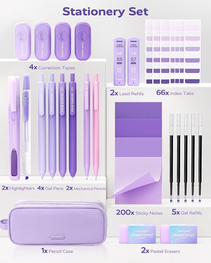 Four Candies Aesthetic Purple School Supplies Kit with Case for Girls | Back to School Stationery Set with Pens, Highlighters, Mechanical Pencils, Sticky Notes for Students, College, Journaling