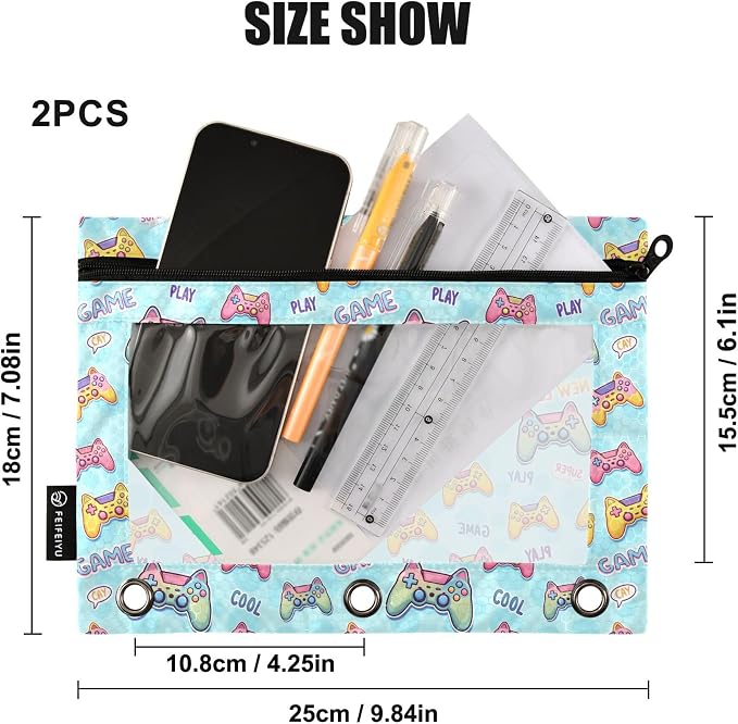 Mahjong Gambling Binder Pouches 3 Ring for Boys Girls School Office College Supplies Green White Doodle Pattern Pencil Pouches Case Bag with Clear Window and Zipper 2 Pack