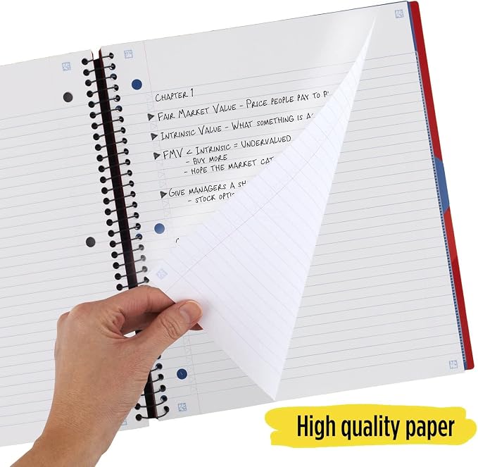 Five Star Advance Spiral Notebooks + Study App, 3 Subject, College Ruled Paper, 11" x 8-1/2", 150 Sheets, with Spiral Guard and Movable Dividers, Red, White (820111) (Pack od 6)