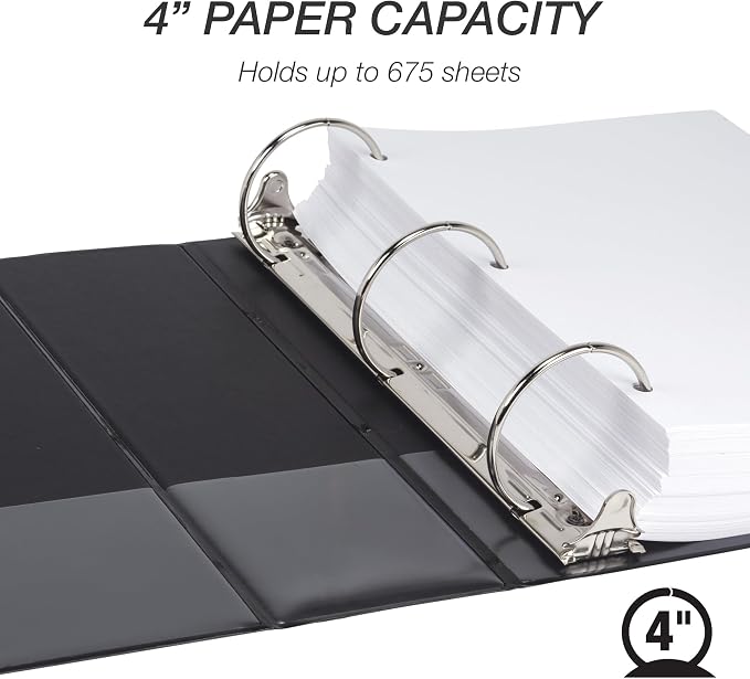 Samsill 4 Inch 3 Ring Binders, Economy Round Ring, Clear View Cover, 675 Sheet Capacity - for School, Home, Office - Black, 6 Pack