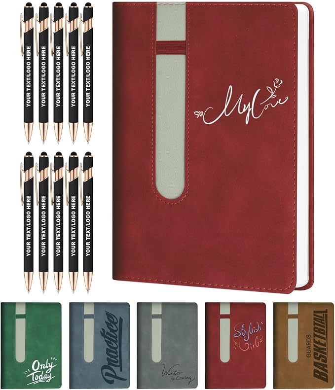 ENOMY Personalized Notebook Journal with 10 PC Pens Gifts Set Custom Notebook 240 Pages A5 Lined Journal for Men Women Hardcover Notebooks for Work College Graduation Gifts, Red