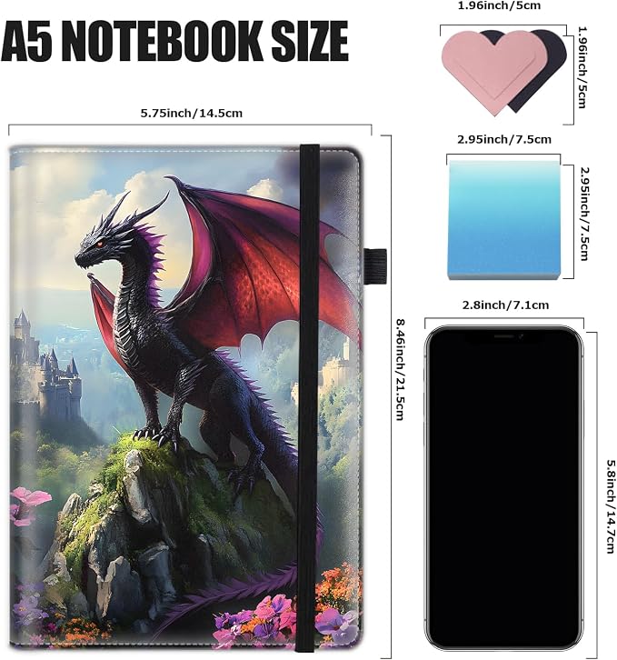 Hardcover Executive Notebooks, A5 PU Leather Lined Journal Notebook, 200 Pages Thick Paper Subject Notebooks for School,Work,Home Writing Business Notebook, Diary Book, Dragon and Fantasy Landscape