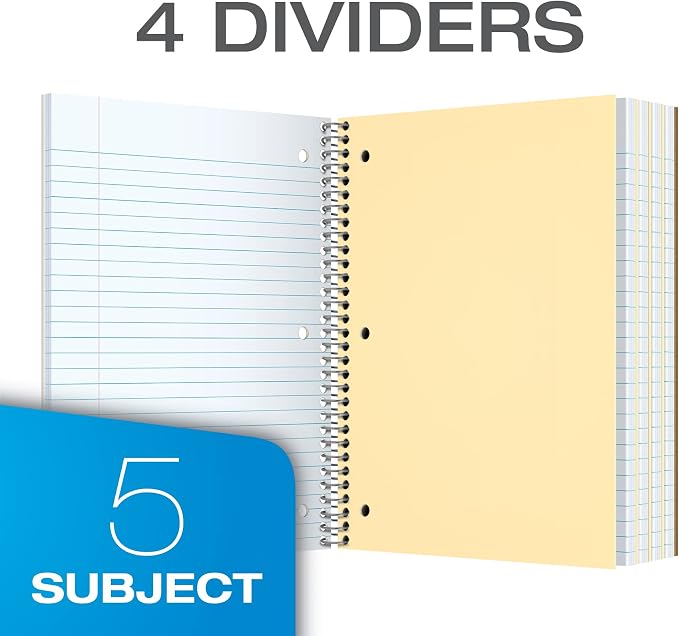 Oxford Spiral Notebook,5 Subject Writing Journal, 3-Hole Punch, College Ruled Paper, 4 Dividers, 8 x 10-1/2 Inch, Black, Red, Blue, 180 Sheets (65203)(Pack of 24)