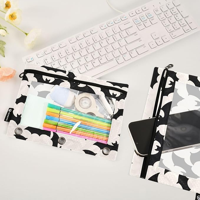 Gredecor 3 Ring Binder Pencil Pouch, Black White Bats-2 Zippered Pen Case Pouches with Clear Window, 2 Pack Stylish Office & School Supplie